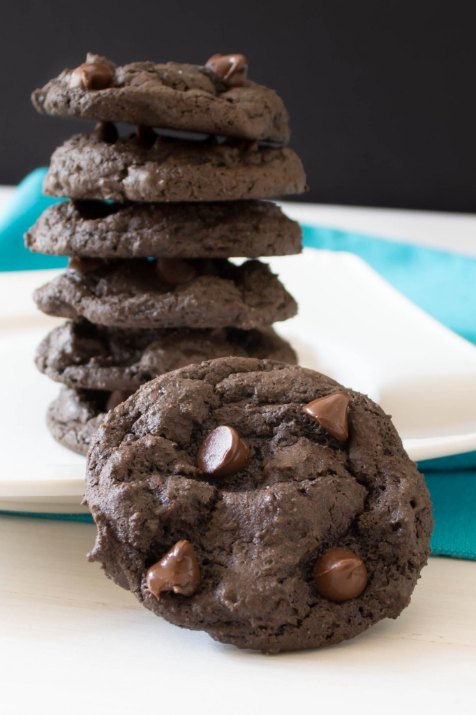 Dark Chocolate Chocolate Chip Cookies...These are full of chocolate chips, moist with soft chewy brownie-like center, and a little crisp on the outside.  