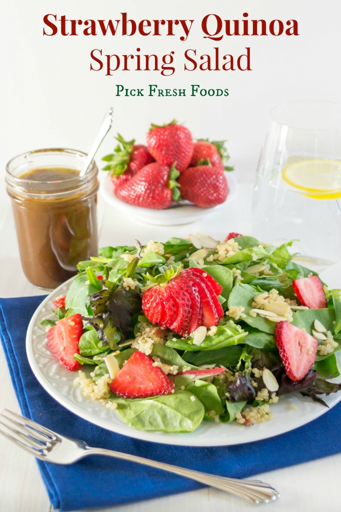 Strawberry Quinoa Salad...a nutritious combination of baby greens, quinoa, fresh sliced strawberries, sliced almonds and topped with Balsamic Vinaigrette